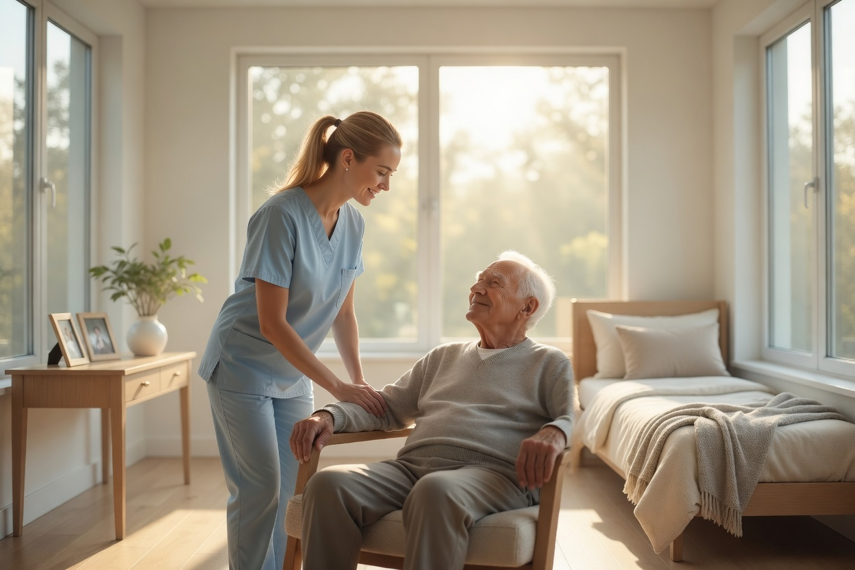 Caregiver talking with an older man seated in an armchair in a bright bedroom with large windows
